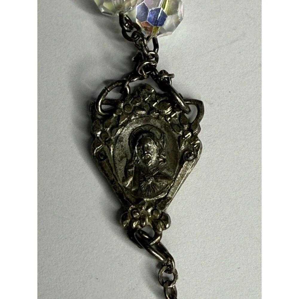 Vintage Sterling Silver AB Crystal Catholic Rosary Italy Crucifix Marian Medal